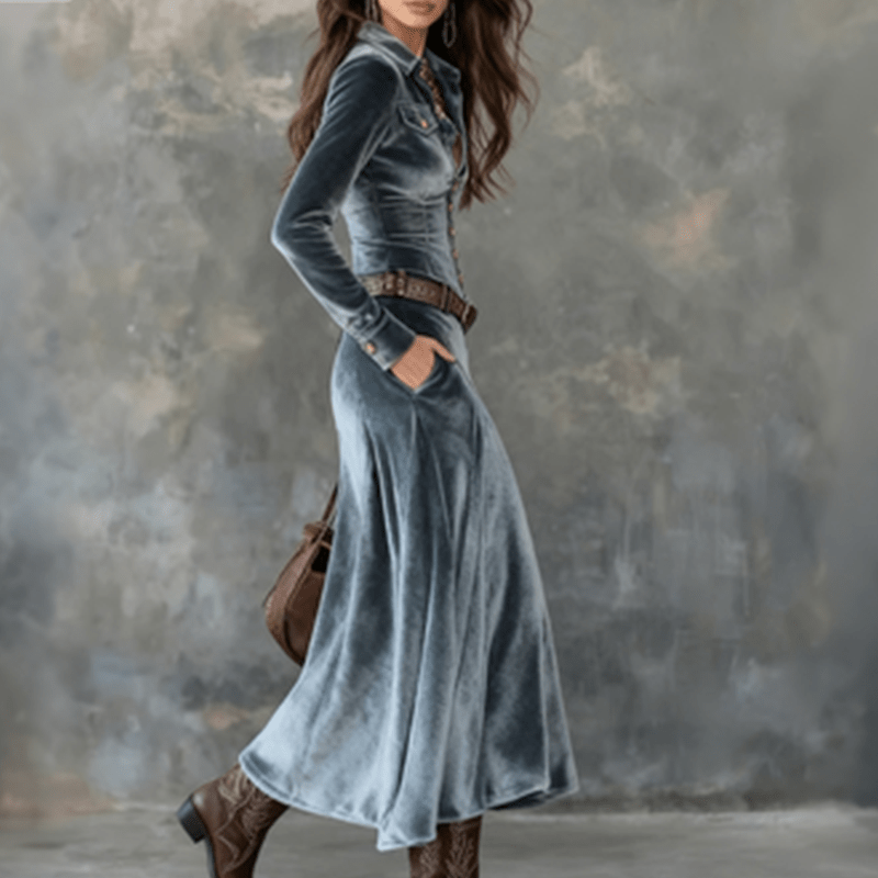 Women Dress | A-Line Velvet Maxi with Shirt Collar Front - Evergreen Outfits- Dresses
