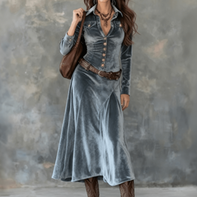Women Dress | A-Line Velvet Maxi with Shirt Collar Front - Evergreen Outfits- Dresses