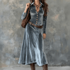 Women Dress | A-Line Velvet Maxi with Shirt Collar Front - Evergreen Outfits- Dresses