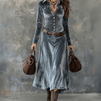 Women Dress | A-Line Velvet Maxi with Shirt Collar Front - Evergreen Outfits- Dresses
