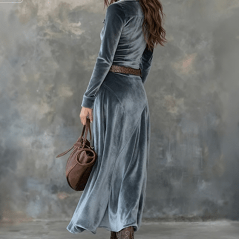 Women Dress | A-Line Velvet Maxi with Shirt Collar Front - Evergreen Outfits- Dresses