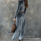 Women Dress | A-Line Velvet Maxi with Shirt Collar Front - Evergreen Outfits- Dresses