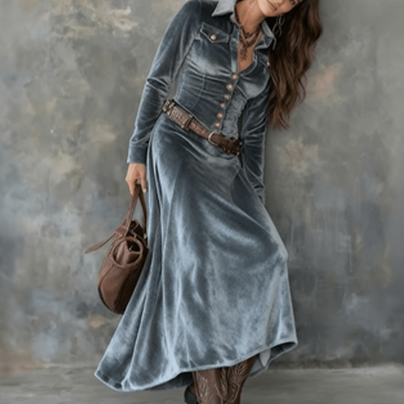 Women Dress | A-Line Velvet Maxi with Shirt Collar Front - Evergreen Outfits- Dresses