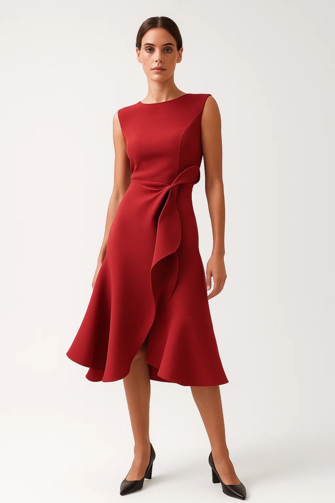 Women Dress Asymmetrical Sleeveless Midi Waist Detail - Evergreen Outfits - Women Midi Dress