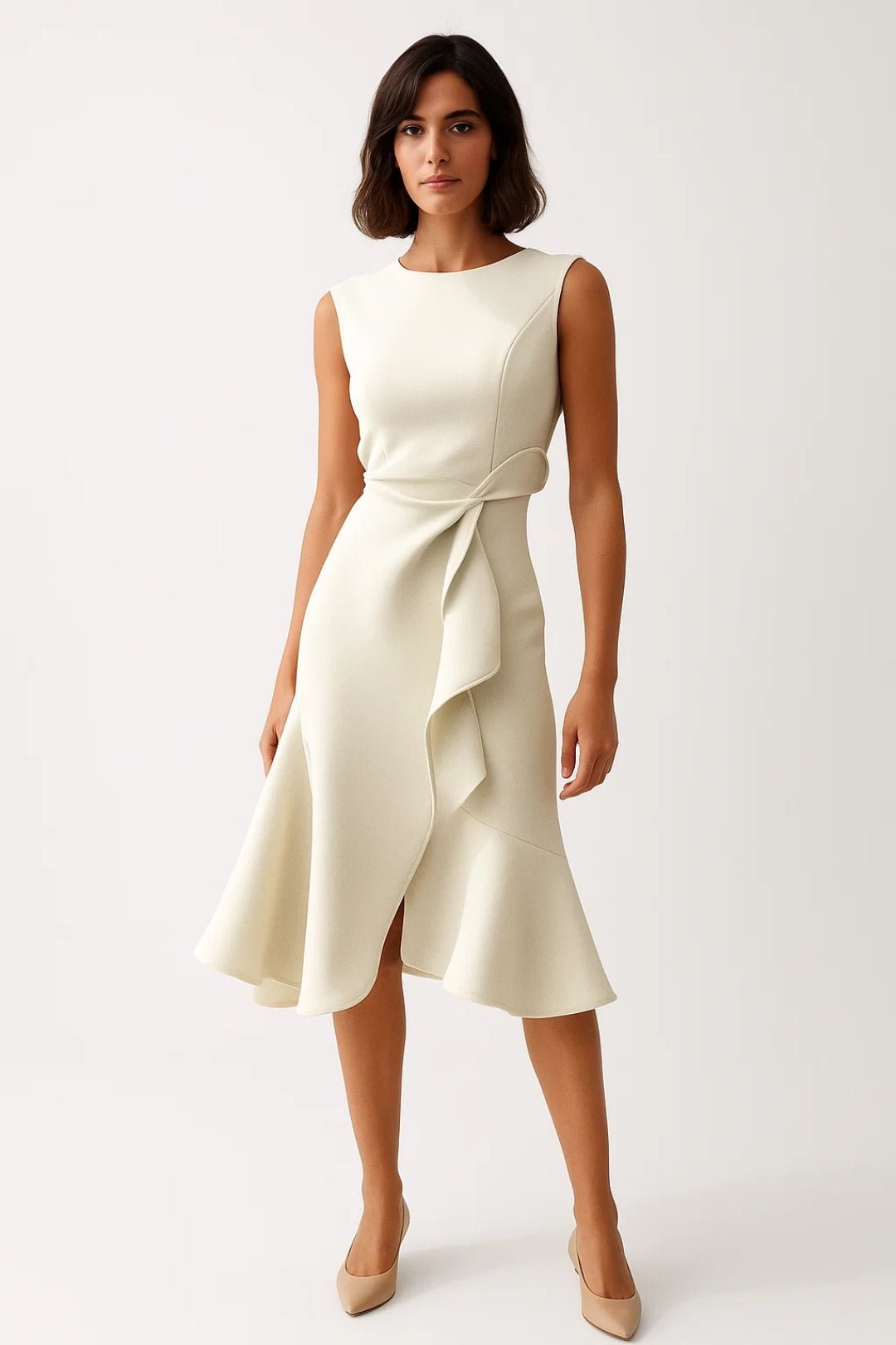 Women Dress Asymmetrical Sleeveless Midi Waist Detail - Evergreen Outfits - Women Midi Dress