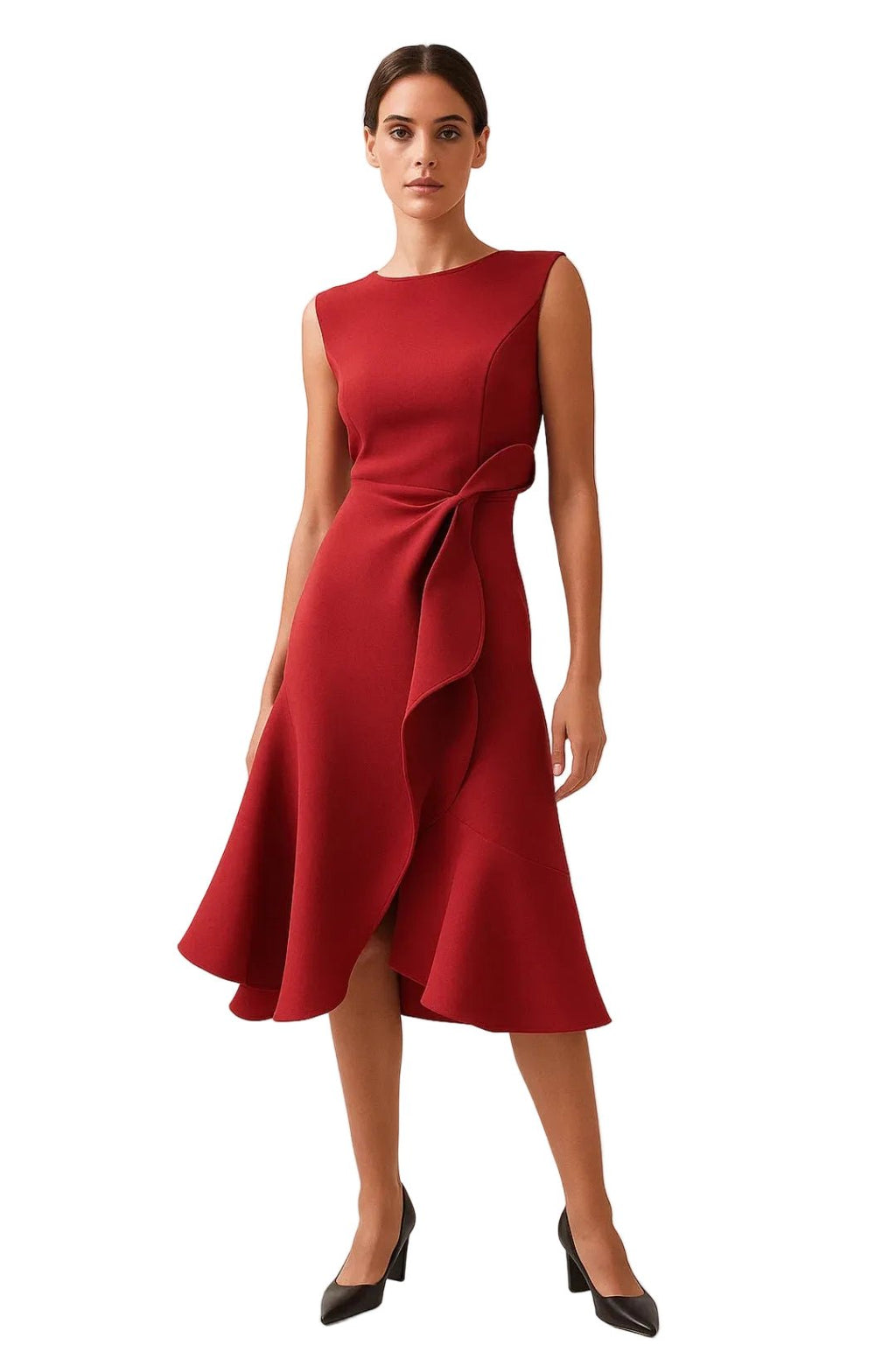 Women Dress Asymmetrical Sleeveless Midi Waist Detail - Evergreen Outfits - Women Midi Dress