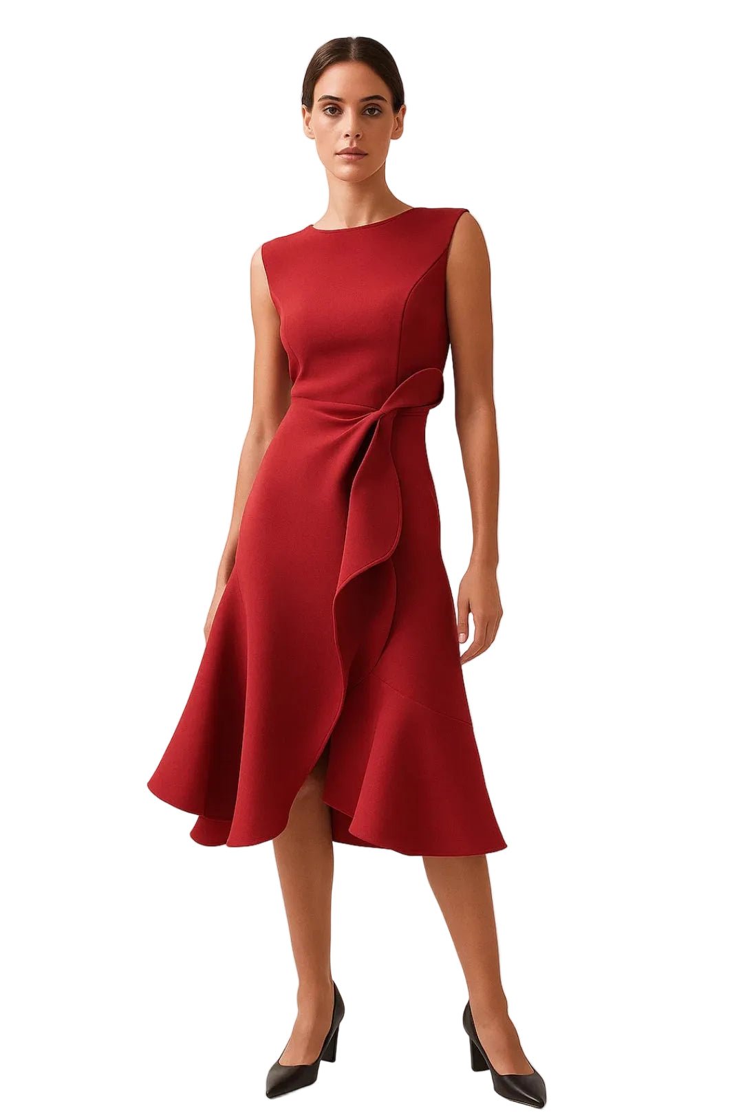 Women Dress Asymmetrical Sleeveless Midi Waist Detail - Evergreen Outfits - Women Midi Dress