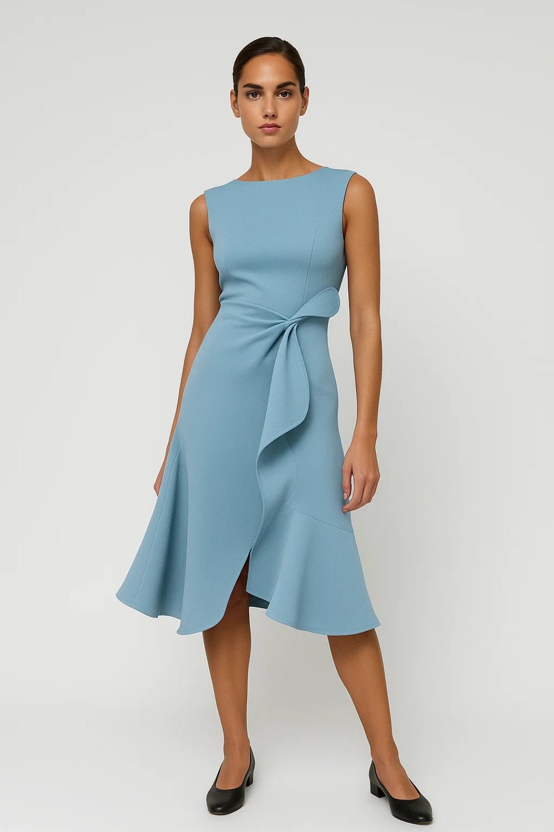 Women Dress Asymmetrical Sleeveless Midi Waist Detail - Evergreen Outfits - Women Midi Dress