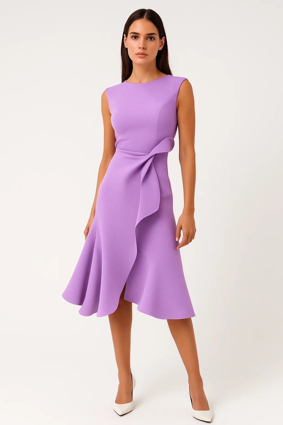 Women Dress Asymmetrical Sleeveless Midi Waist Detail - Evergreen Outfits - Women Midi Dress