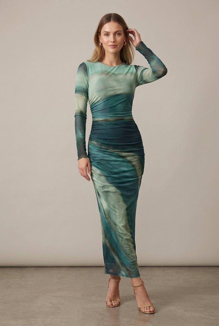 Women Dress | Bodycon Fit with Ruched Waist and Long Sleeves - Evergreen Outfits- Dresses