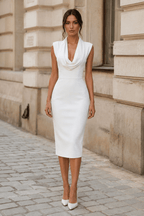 Women Dress | Bodycon Midi Cowl Neck Padded Shoulders Fit - Evergreen Outfits- Dresses