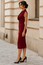 Women Dress | Bodycon Midi Cowl Neck Padded Shoulders Fit - Evergreen Outfits- Dresses