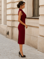 Women Dress | Bodycon Midi Cowl Neck Padded Shoulders Fit - Evergreen Outfits- Dresses