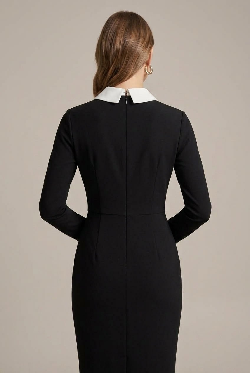 Women Dress | Bodycon Midi with Contrast Peter Pan Collar - Evergreen Outfits- Dresses