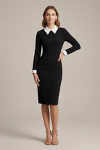 Women Dress | Bodycon Midi with Contrast Peter Pan Collar - Evergreen Outfits- Dresses