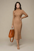 Women Dress | Cable Knit Turtleneck Bodycon Midi Length - Evergreen Outfits- Dresses