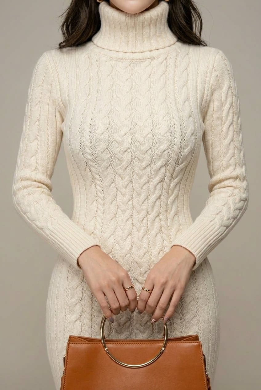 Women Dress | Cable Knit Turtleneck Bodycon Midi Length - Evergreen Outfits- Dresses