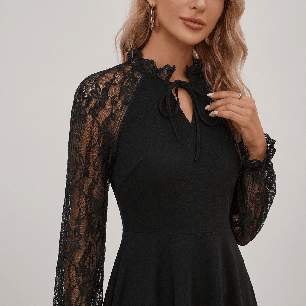 Women Dress Full Length Lace Sleeve Detail Elegant Fit - Evergreen Outfits - Women Mini Dress