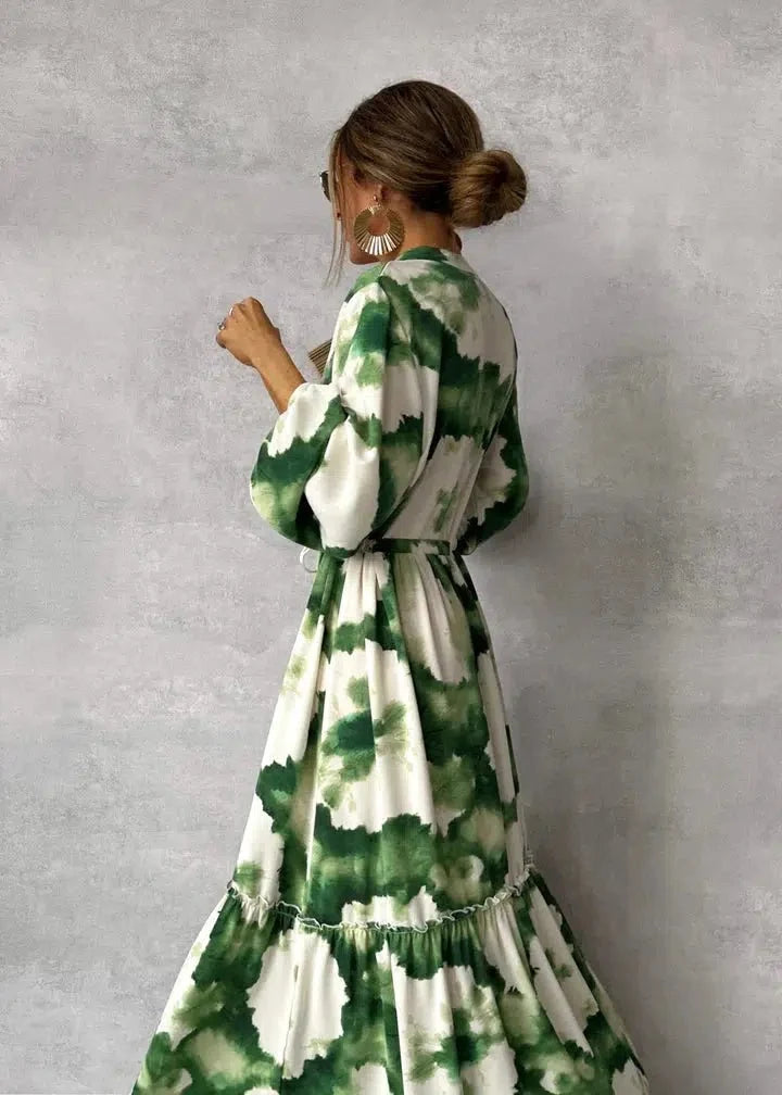 Women Dress | Maxi Length with V-Neckline and Long Sleeves - Evergreen Outfits- Dresses