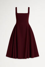 Women Dress Midi Length Wide Strap Fitted Flared Skirt - Evergreen Outfits - Women Midi Dress