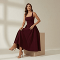 Women Dress Midi Length Wide Strap Fitted Flared Skirt - Evergreen Outfits - Women Midi Dress