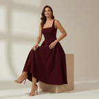 Women Dress Midi Length Wide Strap Fitted Flared Skirt - Evergreen Outfits - Women Midi Dress