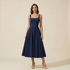 Women Dress Midi Length Wide Strap Fitted Flared Skirt - Evergreen Outfits - Women Midi Dress