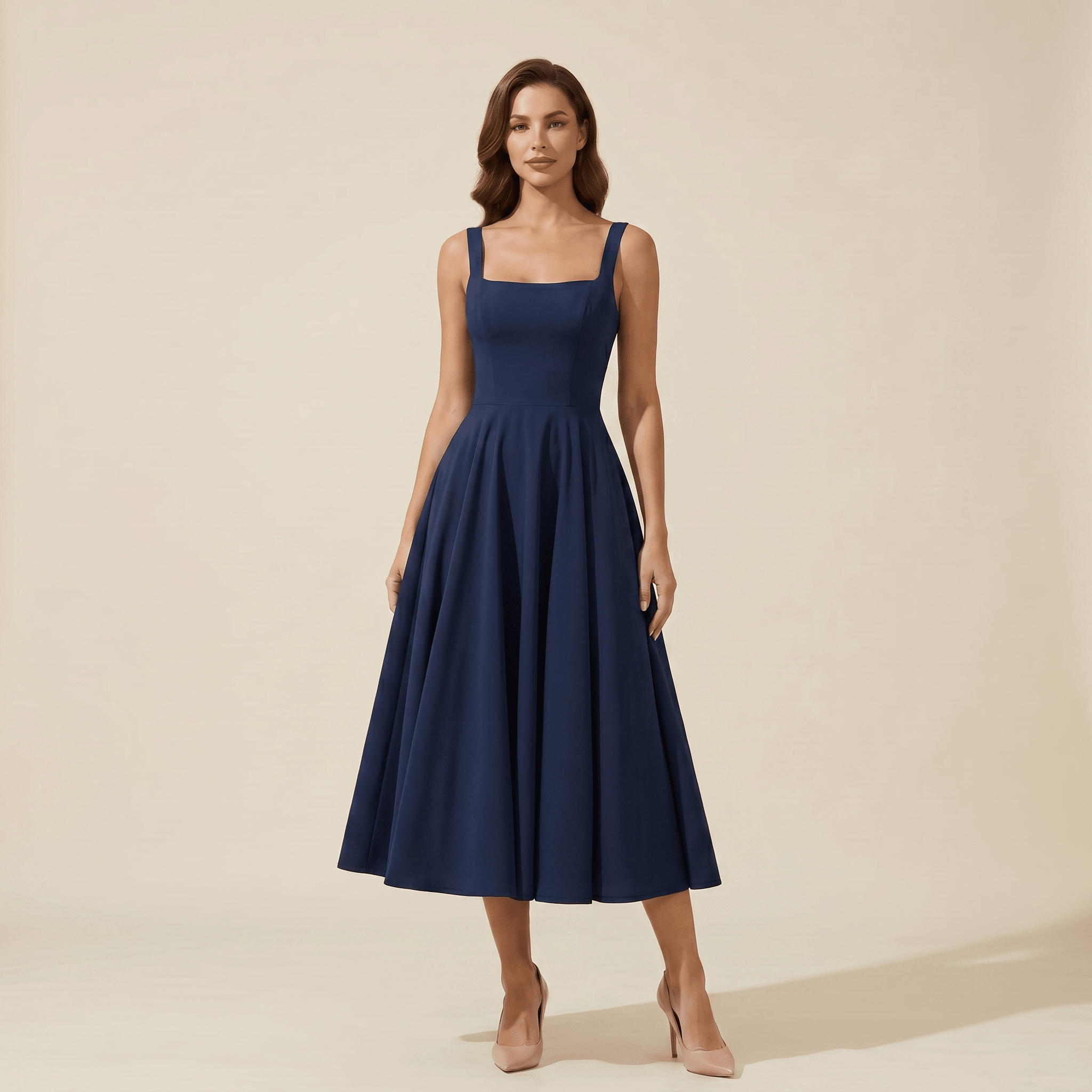 Women Dress Midi Length Wide Strap Fitted Flared Skirt - Evergreen Outfits - Women Midi Dress