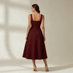 Women Dress Midi Length Wide Strap Fitted Flared Skirt - Evergreen Outfits - Women Midi Dress