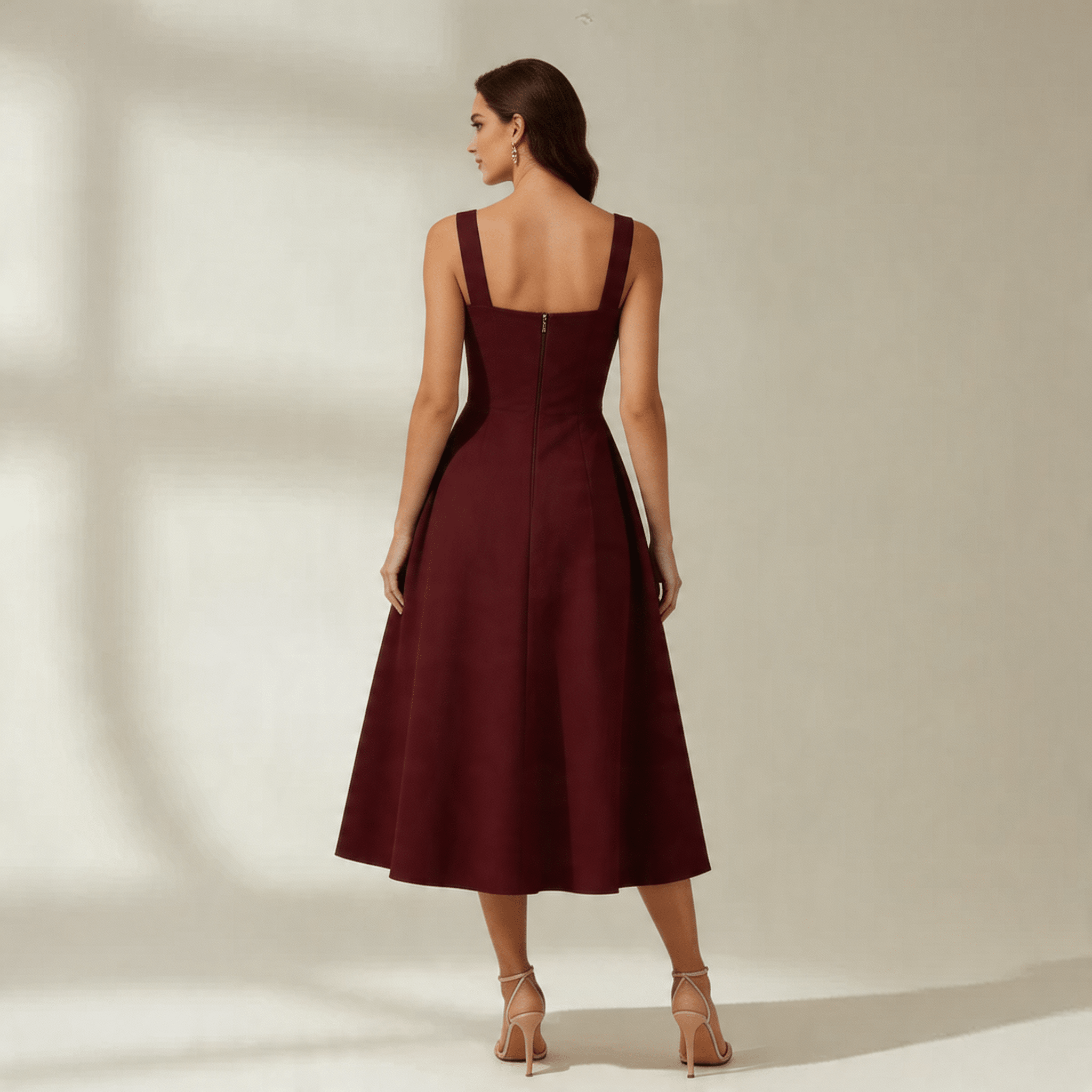 Women Dress Midi Length Wide Strap Fitted Flared Skirt - Evergreen Outfits - Women Midi Dress
