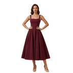 Women Dress Midi Length Wide Strap Fitted Flared Skirt - Evergreen Outfits - Women Midi Dress