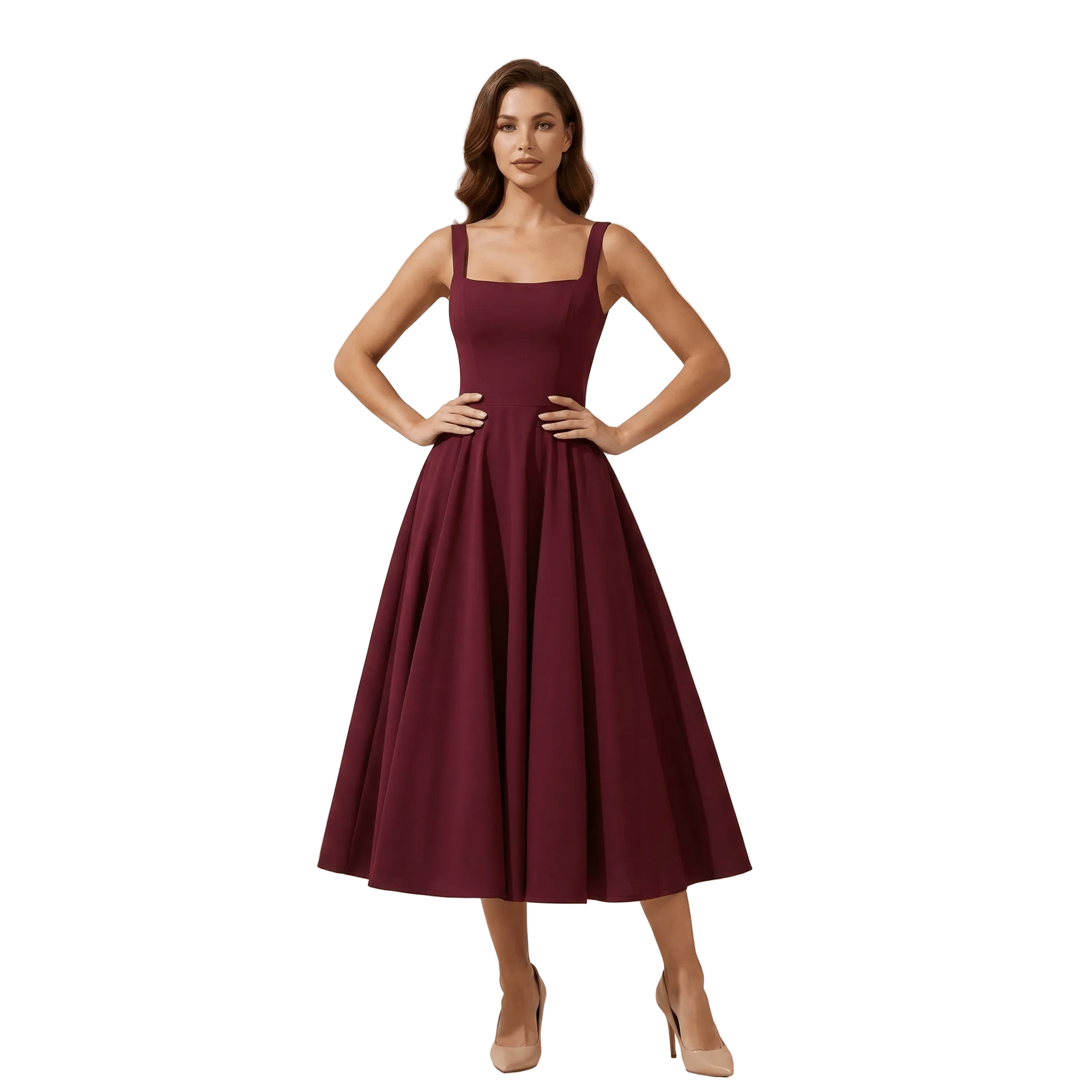 Women Dress Midi Length Wide Strap Fitted Flared Skirt - Evergreen Outfits - Women Midi Dress