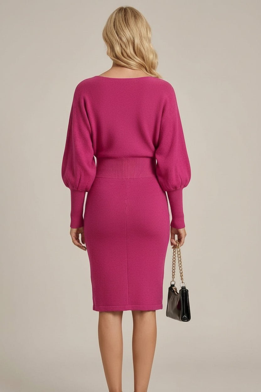 Women Dress | Ribbed Waist Balloon Sleeve Knit Midi Fit - Evergreen Outfits- Dresses
