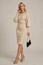 Women Dress | Ribbed Waist Balloon Sleeve Knit Midi Fit - Evergreen Outfits- Dresses