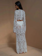 Women Dress Set Embroidered Hollow Out Crop Top Skirt - Evergreen Outfits - Women Maxi Dress