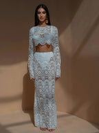 Women Dress Set Embroidered Hollow Out Crop Top Skirt - Evergreen Outfits - Women Maxi Dress