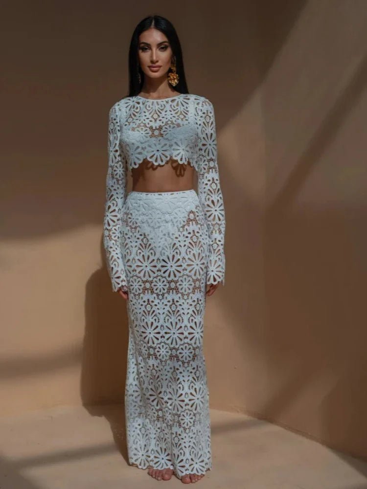 Women Dress Set Embroidered Hollow Out Crop Top Skirt - Evergreen Outfits - Women Maxi Dress