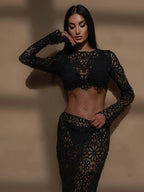 Women Dress Set Embroidered Hollow Out Crop Top Skirt - Evergreen Outfits - Women Maxi Dress