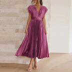 Women Dress | V-Neck Maxi Cut with Pleated Flowing Silhouette - Evergreen Outfits- Dresses
