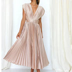 Women Dress | V-Neck Maxi Cut with Pleated Flowing Silhouette - Evergreen Outfits- Dresses