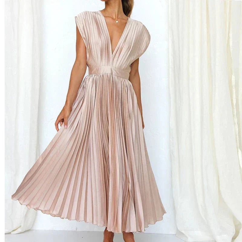 Women Dress | V-Neck Maxi Cut with Pleated Flowing Silhouette - Evergreen Outfits- Dresses