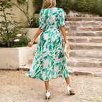 Women Dress | V-Neck Midi Length with Puff Sleeves - Evergreen Outfits- Dresses