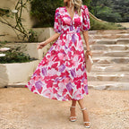 Women Dress | V-Neck Midi Length with Puff Sleeves - Evergreen Outfits- Dresses