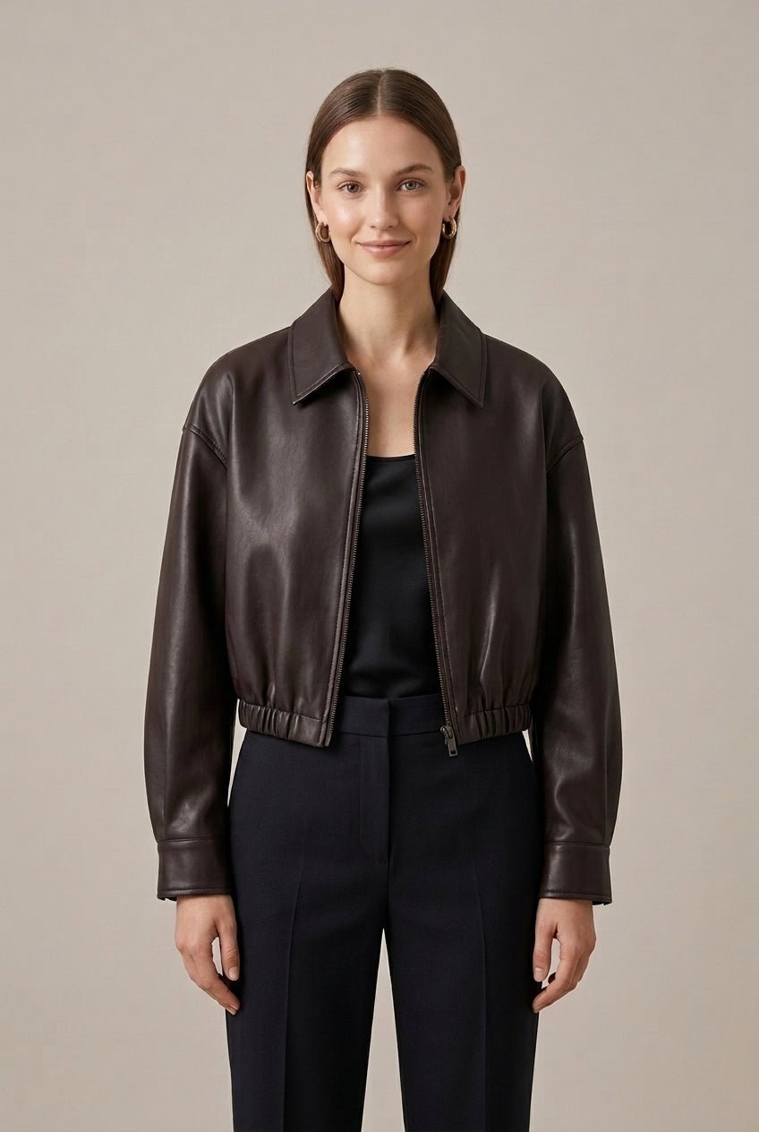Women Jacket | Cropped Faux Leather Bomber with Full Zip - Evergreen Outfits- Jackets
