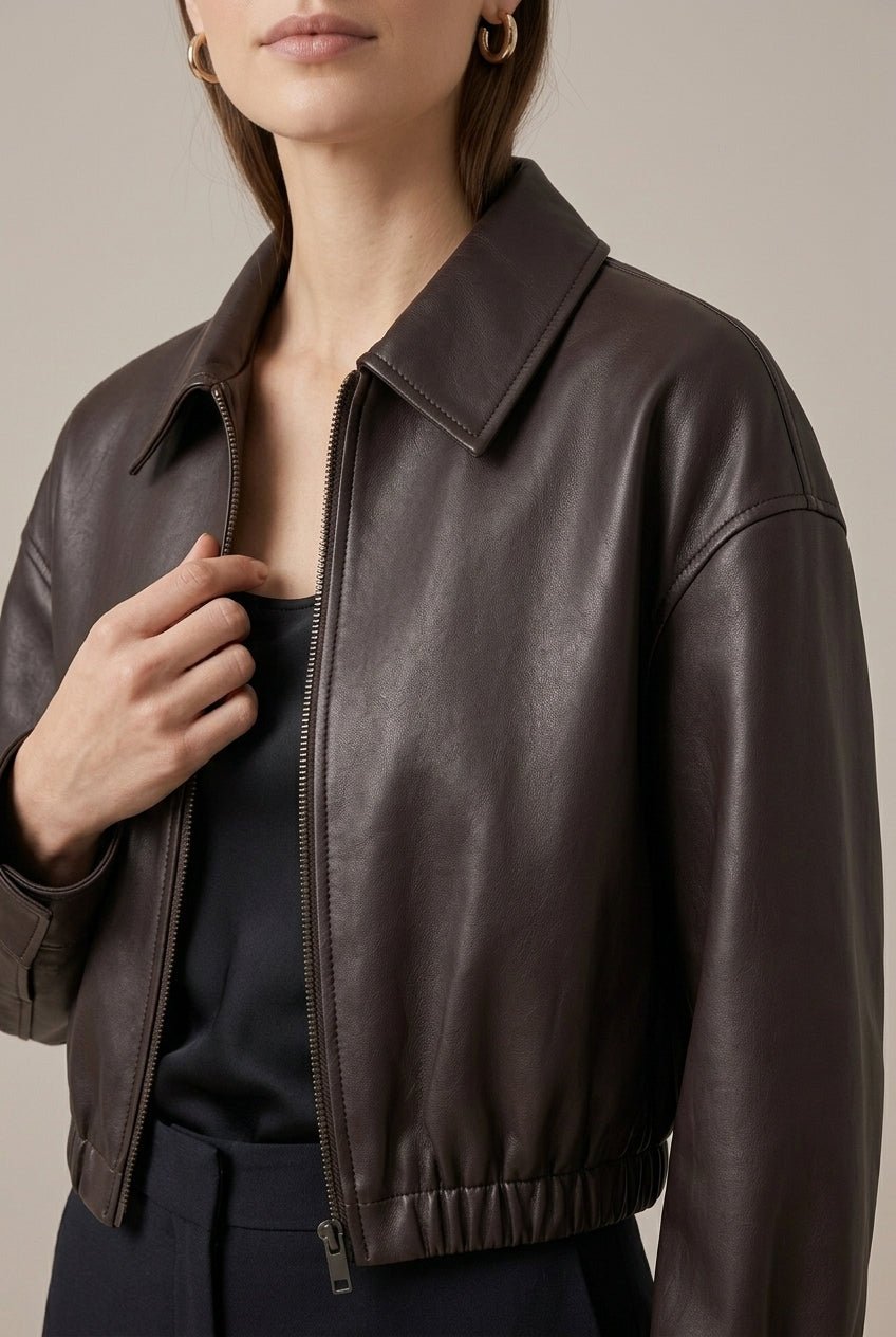 Women Jacket | Cropped Faux Leather Bomber with Full Zip - Evergreen Outfits- Jackets