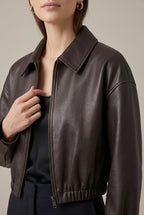Women Jacket | Cropped Faux Leather Bomber with Full Zip - Evergreen Outfits- Jackets