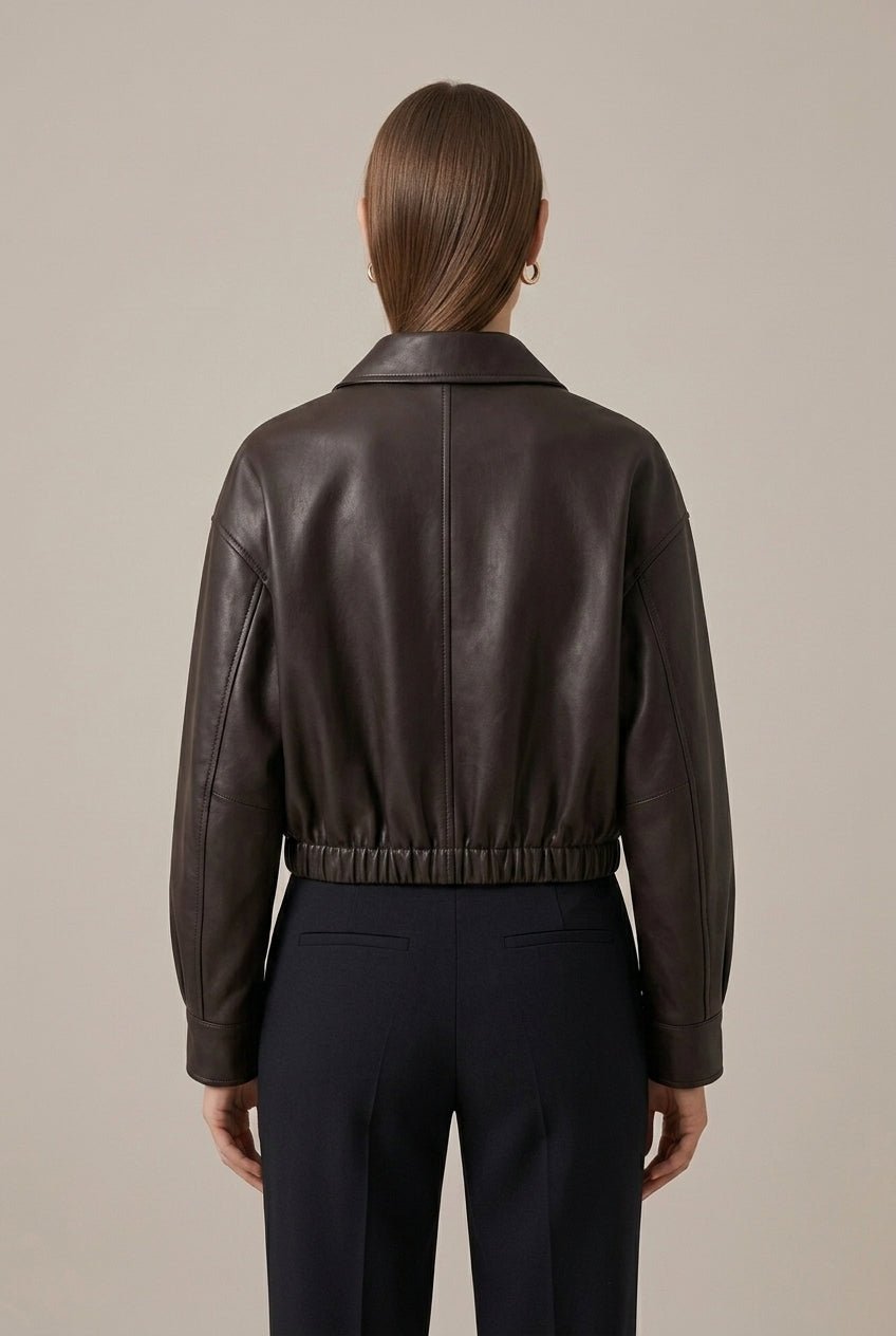 Women Jacket | Cropped Faux Leather Bomber with Full Zip - Evergreen Outfits- Jackets