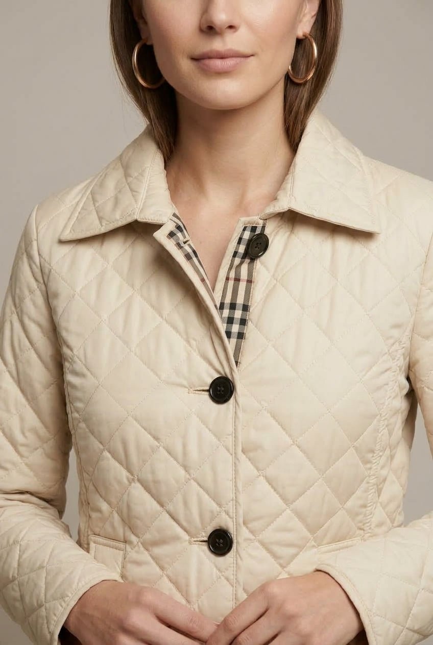 Women Jacket | Diamond-Quilted Fitted Collared Button Front - Evergreen Outfits- Jackets