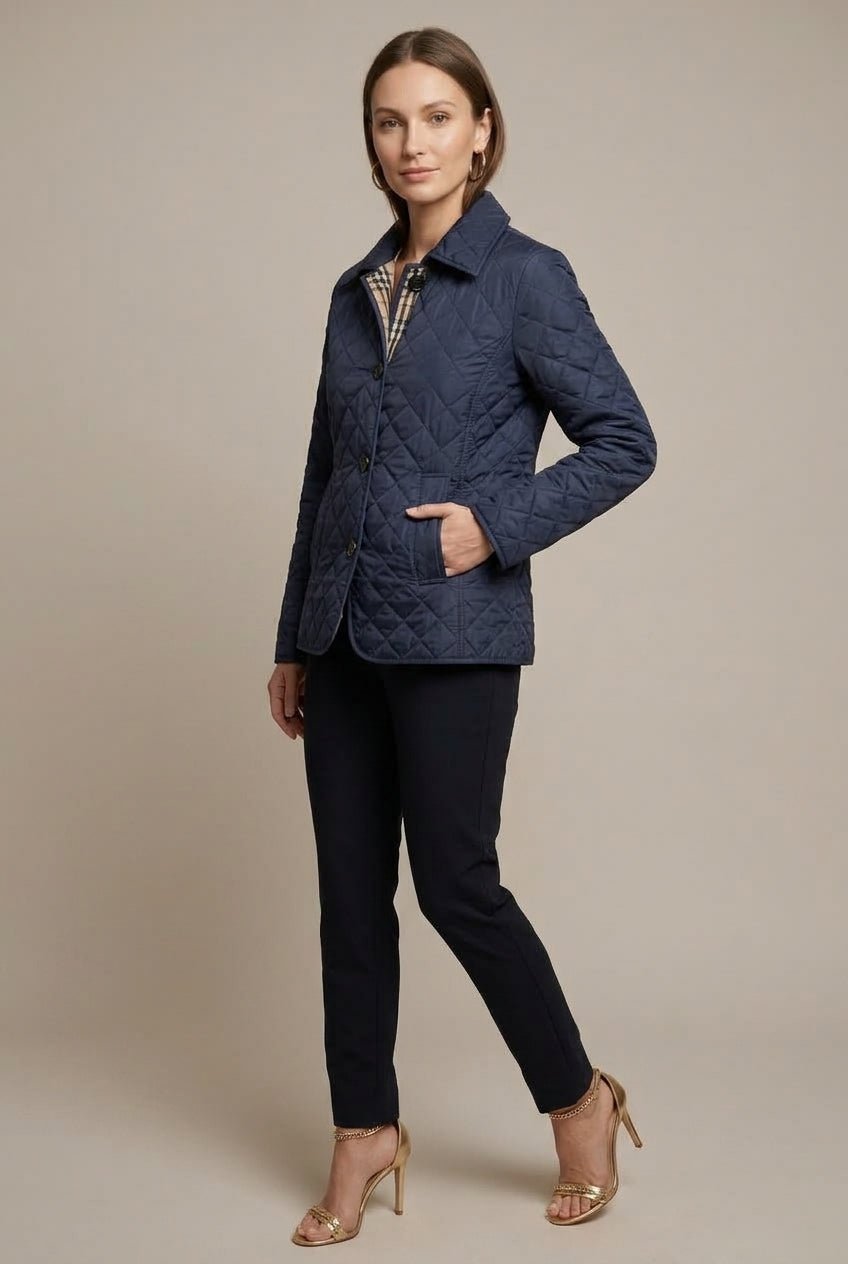 Women Jacket | Diamond-Quilted Fitted Collared Button Front - Evergreen Outfits- Jackets