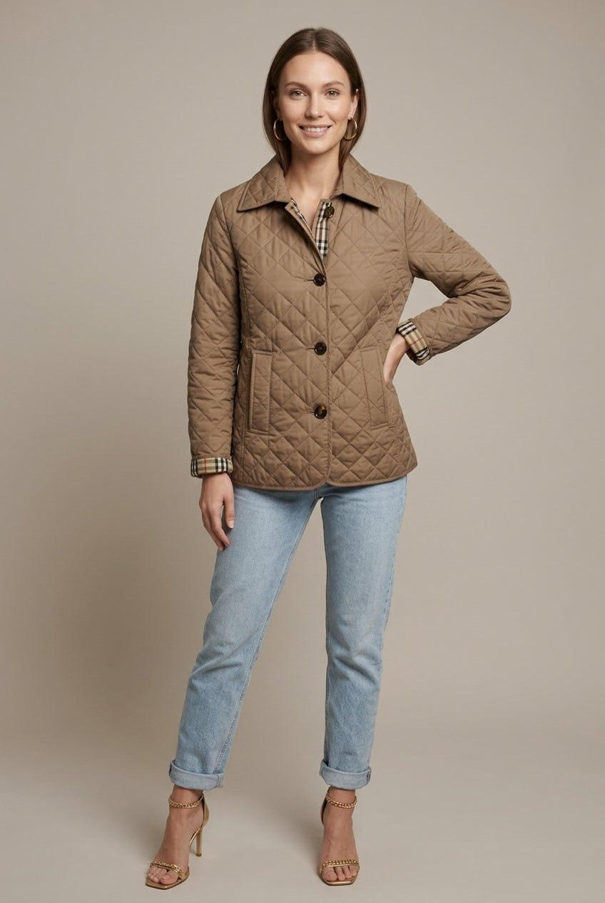 Women Jacket | Diamond-Quilted Fitted Collared Button Front - Evergreen Outfits- Jackets